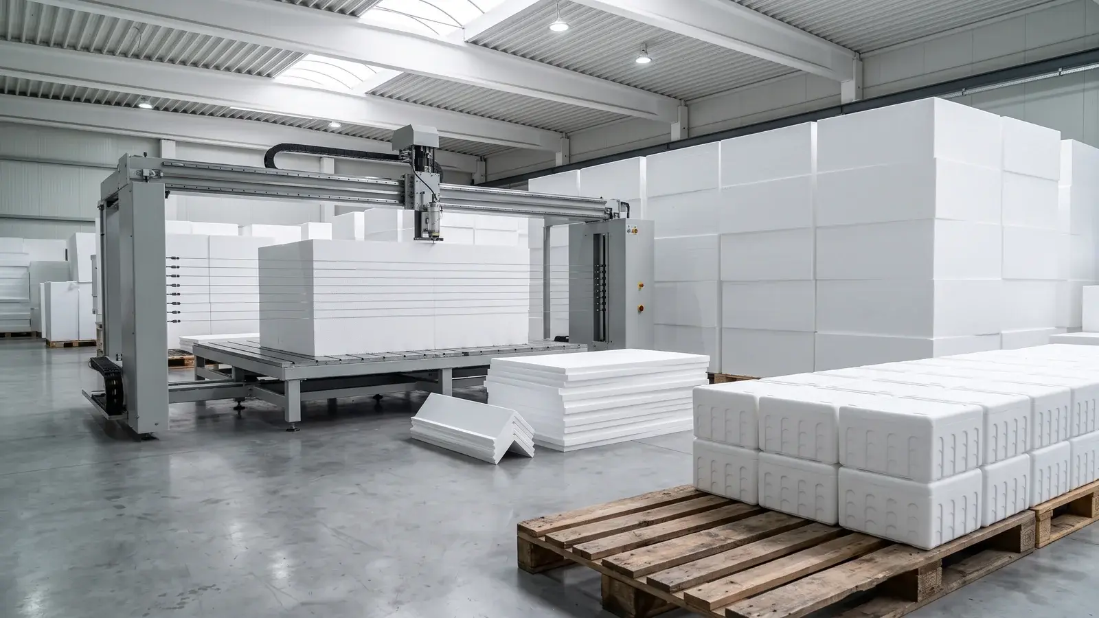 Strafor fabrikasında CNC sıcak tel ile blok kesimi ve paletli strafor köpük kutular
